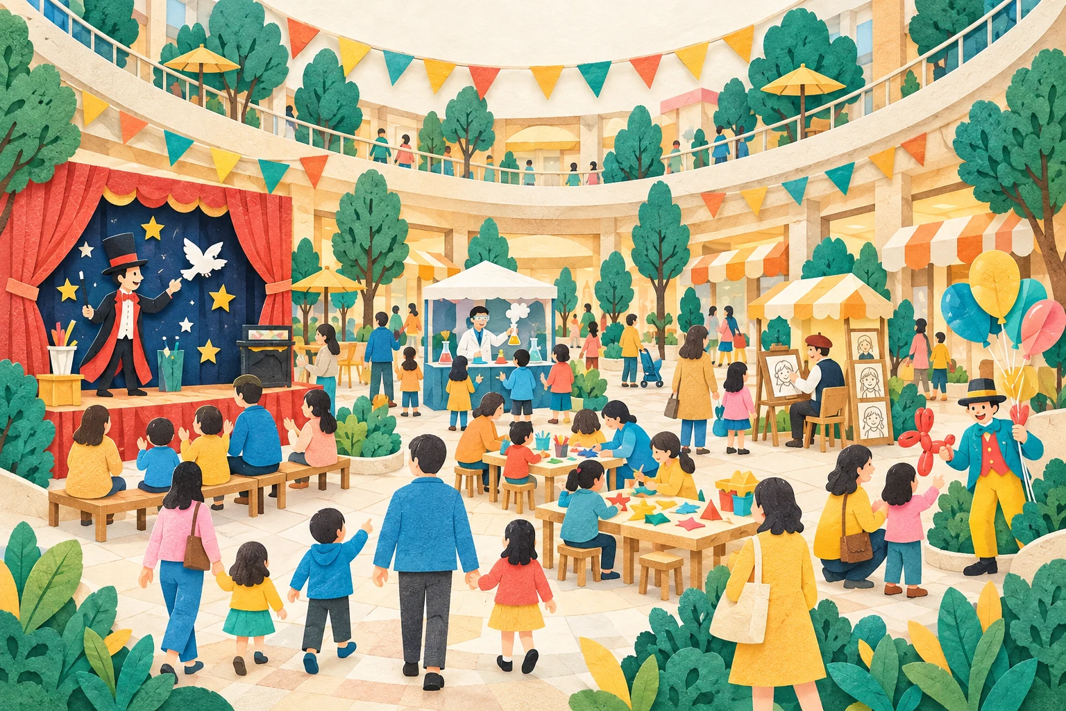 商業施設でマジックショーやバルーン、工作体験などを楽しむ切り絵風イラスト